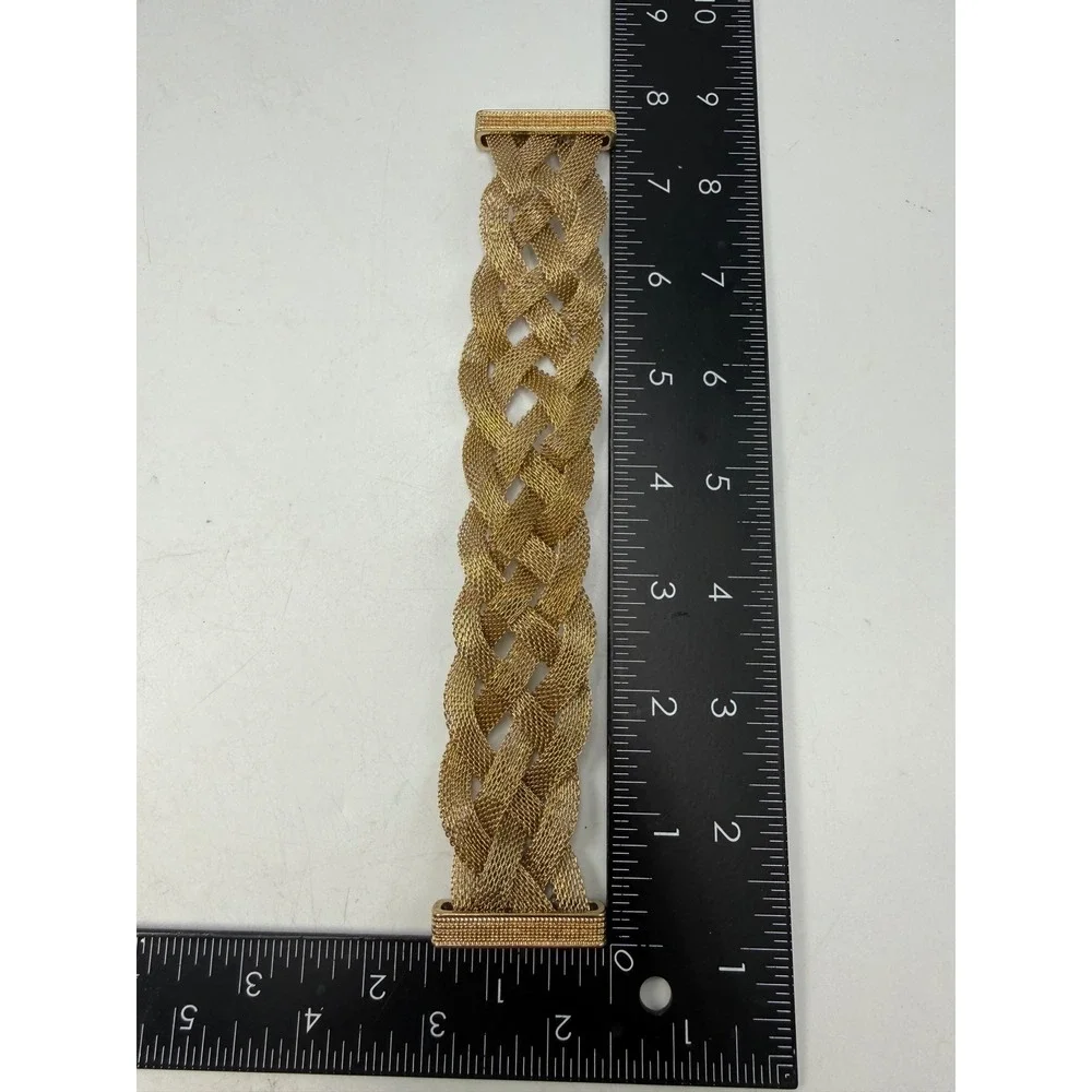 Vintage Gold Tone Braided Mesh Statement Cuff Bracelet Magnetic Clasp 7.5 Inch